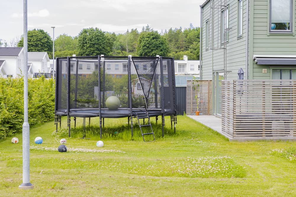 Trampoline with safety net mounted on backyard